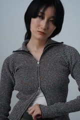 【Womens】 Mixed yarn border high-neck ribs cardigan