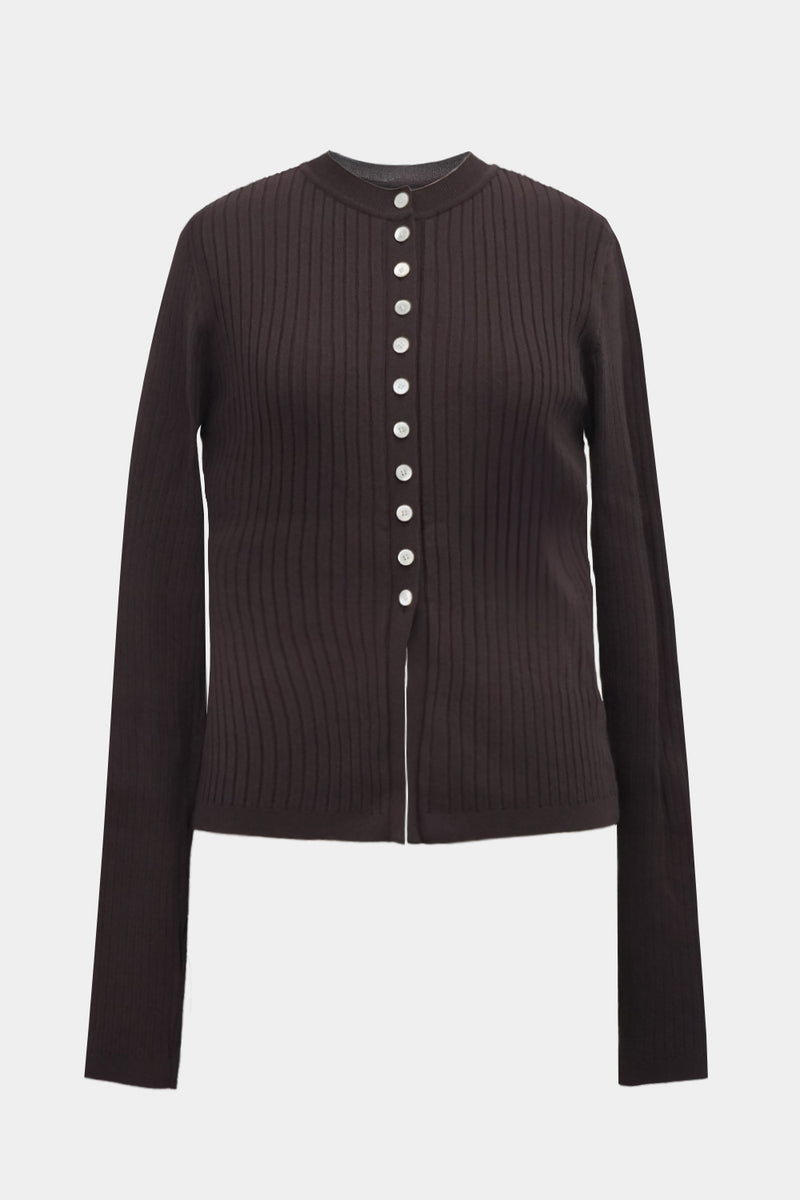 High-gauge Crew-neck Rib Cardigan (WK325-LCD01-BROWN)