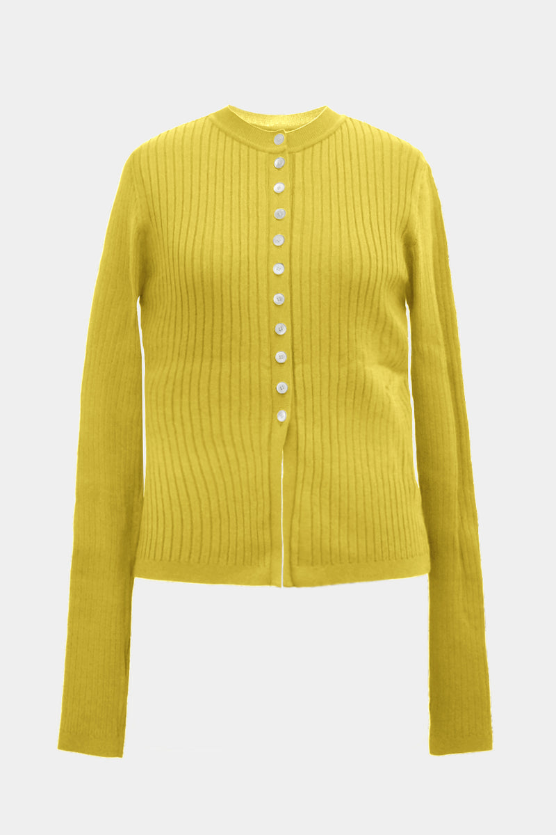 High-gauge Crew-neck Rib Cardigan (WK325-LCD01-YELLOW)
